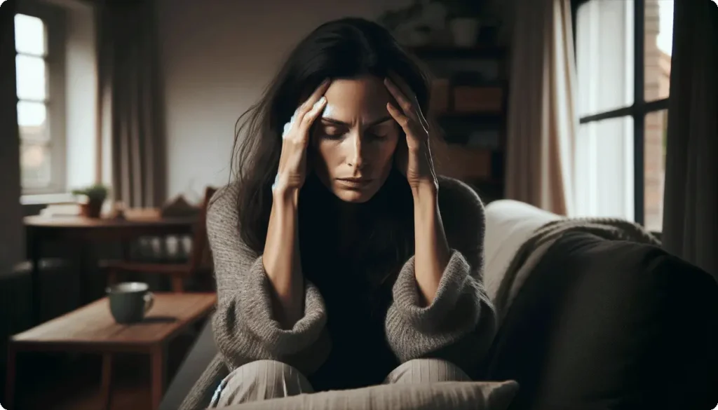 En kvinna sitter i ett vardagsrum och håller händerna mot huvudet, vilket antyder att hon upplever migrän eller huvudvärk.